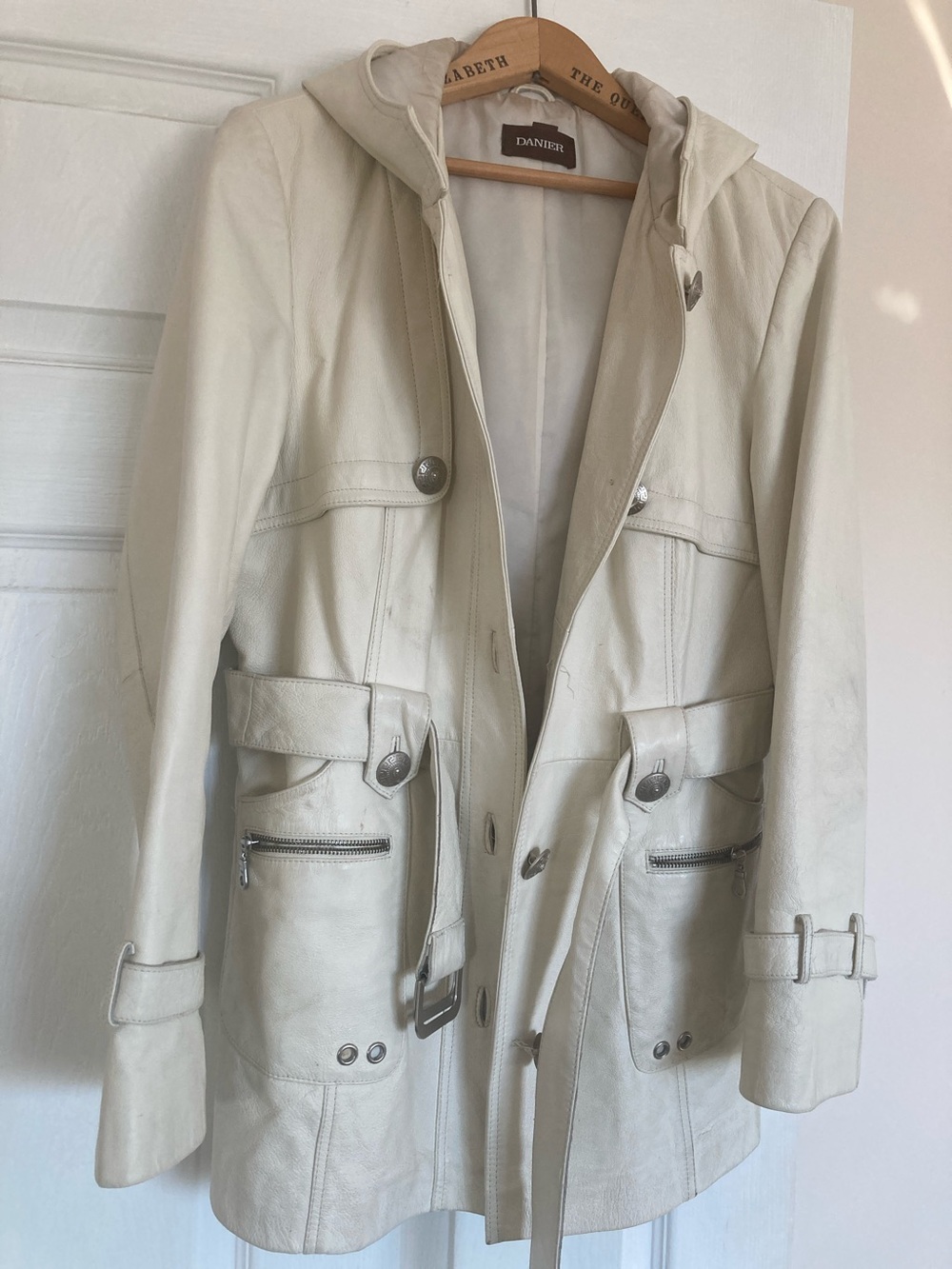 Danier Cream Hooded Leather Trench Coat with Belt